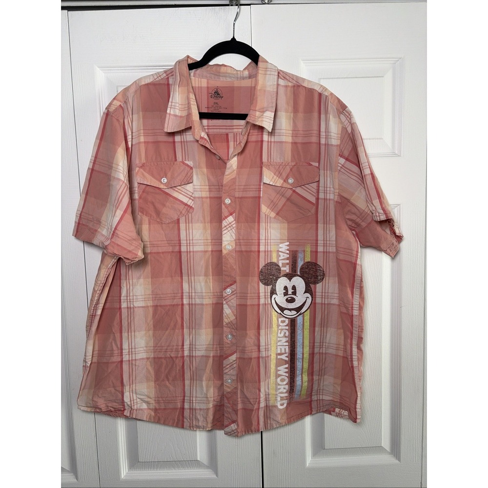Disney Parks Mickey Mouse Plaid Button Up‎ Womens Size 2XL Pink Cotton WDW Logo